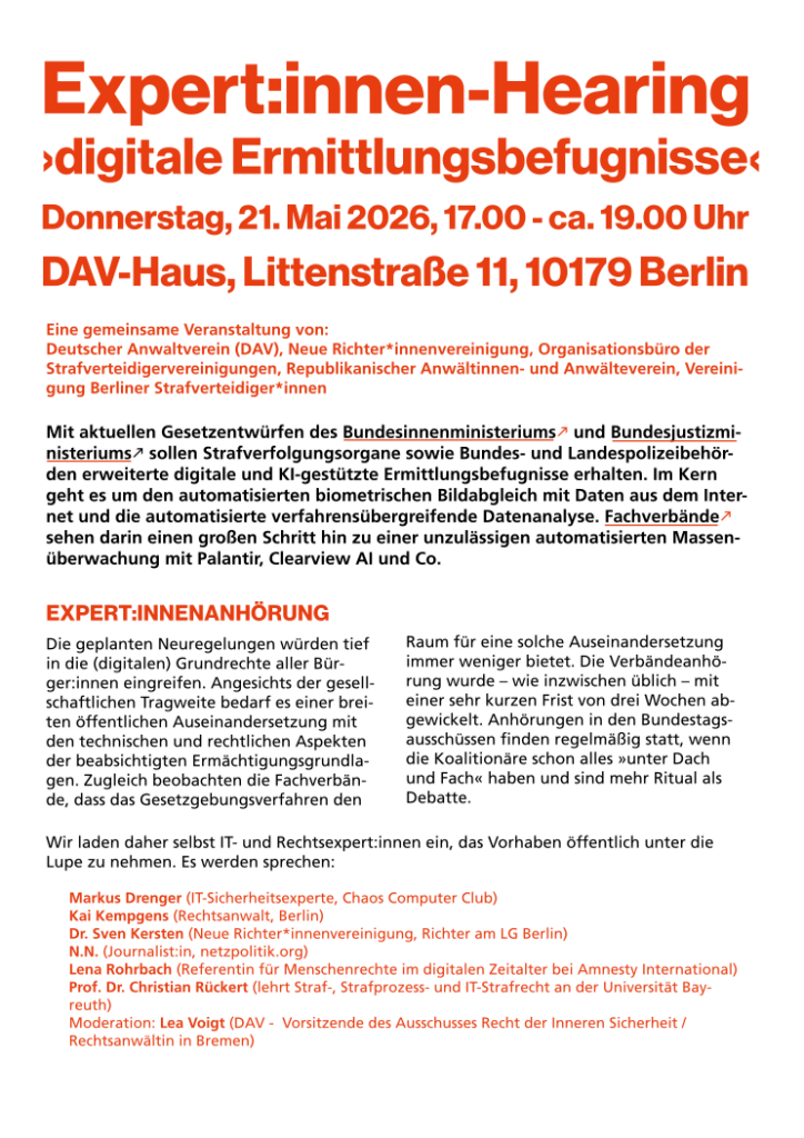 Erste Seite des Flyers zum Expert:innen-Hearing vom 21.5.26
